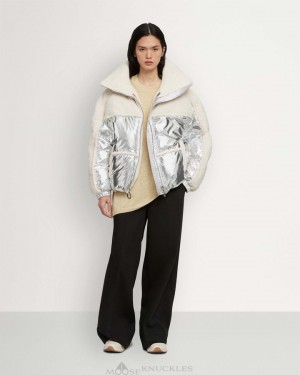 Chaqueta De Bombardero Moose Knuckles Elmira Sherpa Bomber Mujer Plateadas | 043596-PUW