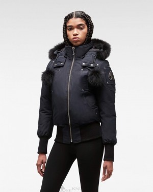 Chaqueta De Bombardero Moose Knuckles Original Debbie Bomber Fur Mujer Azul Marino Negras | 140589-BCP